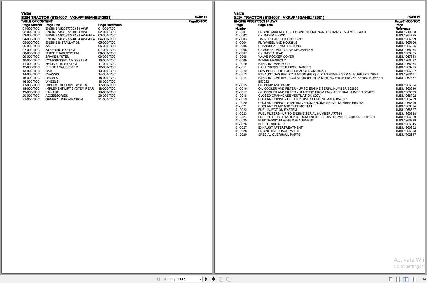 Valtra Tractor S294 Parts Catalog 6246113 1