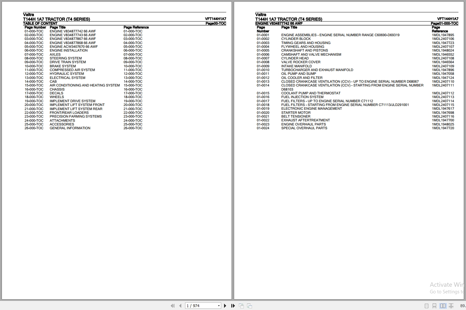 Valtra Tractor T4 Series T144H 1A7 Parts Catalog VFT144H1A7 1