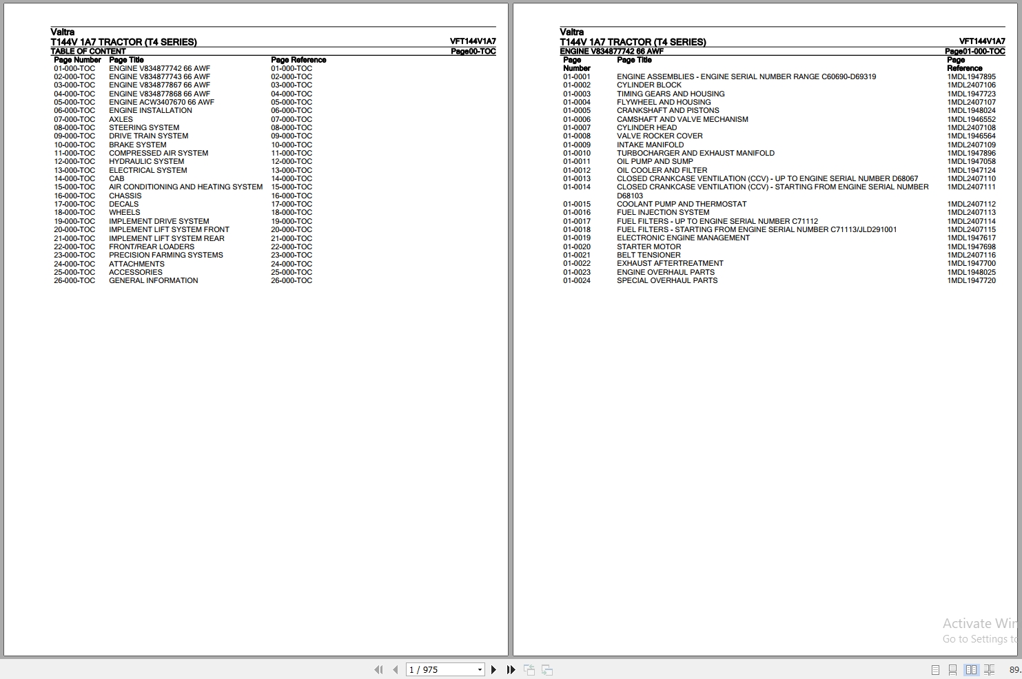 Valtra Tractor T4 Series T144V 1A7 Parts Catalog VFT144V1A7 1