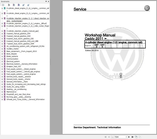 Volkswagen Caddy Maxi 2C Workshop Manual 2011-2015