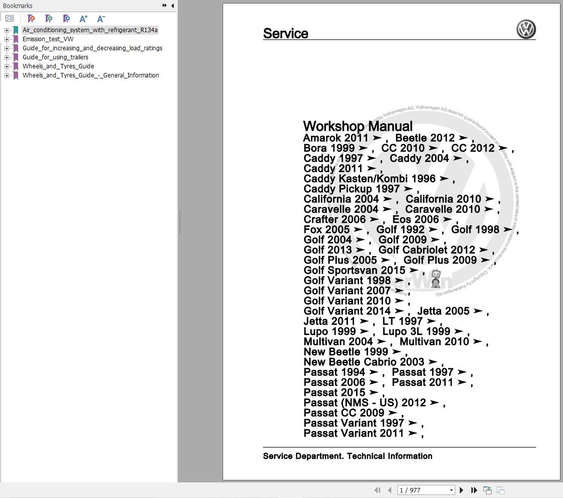 Volkswagen Caddy Pickup 9U 9U7 Workshop Manual 1997 2002 1