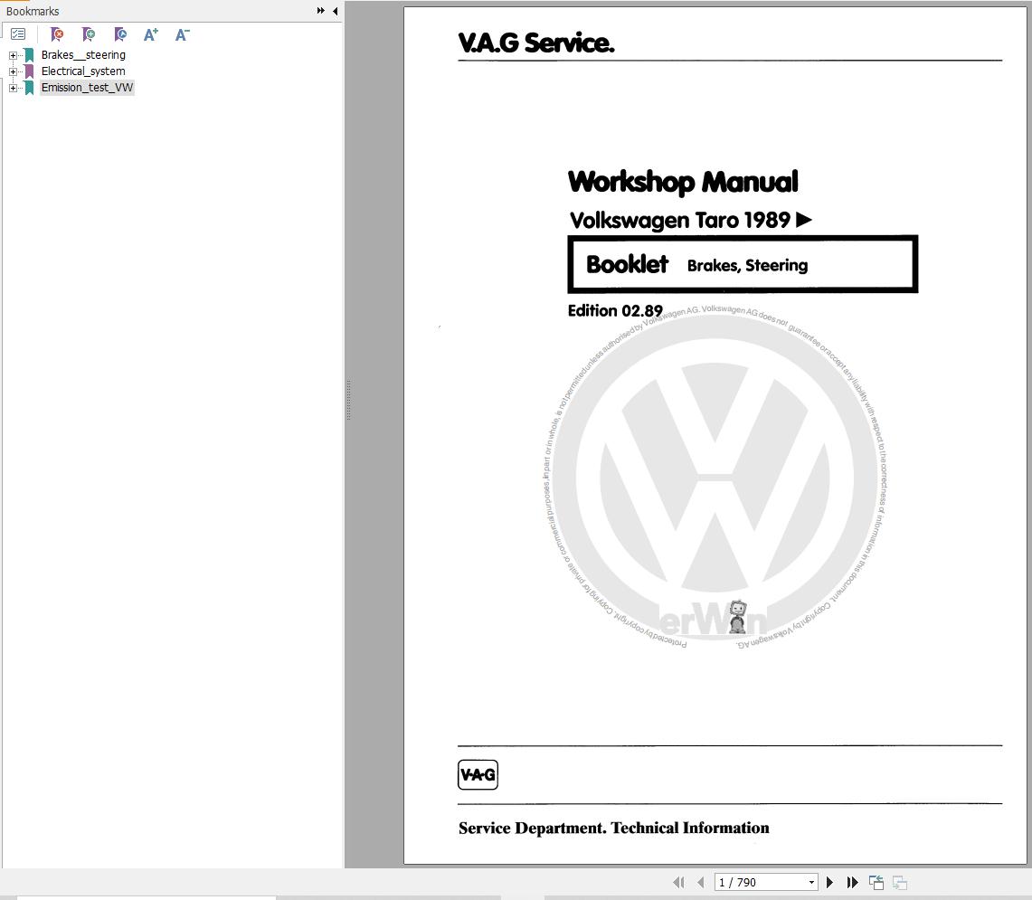 Volkswagen Taro 7A 7AE 7AG 7AX Workshop Manual 1989 1997 1