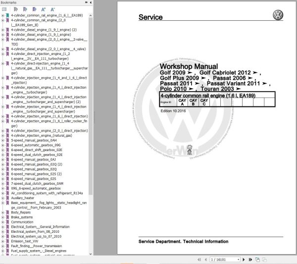 Volkswagen Touran 1T 1T0 1T1 1T2 1T3 Workshop Manual 2003 2015 1