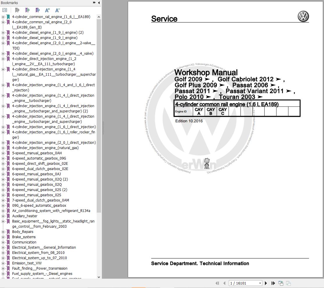 Volkswagen Touran 1T 1T0 1T1 1T2 1T3 Workshop Manual 2003 2015 1