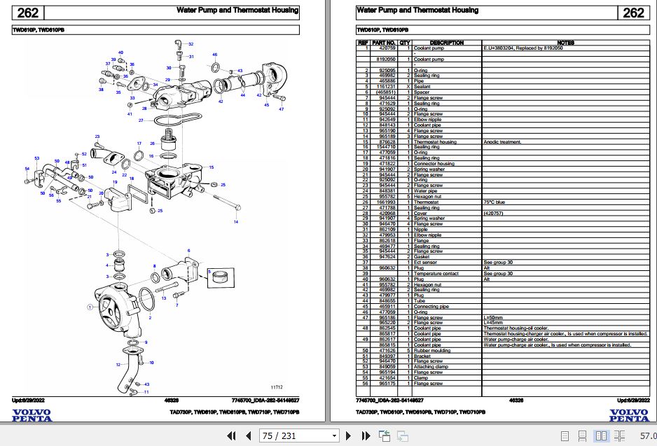 Volvo Penta Industrial Engine TAD730P to TWD710PB Parts Catalog