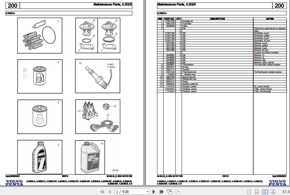 Volvo Penta Marine Gasoline Engines 4.3GXi A to 4.3OSi E 4.3 Parts Catalog 1