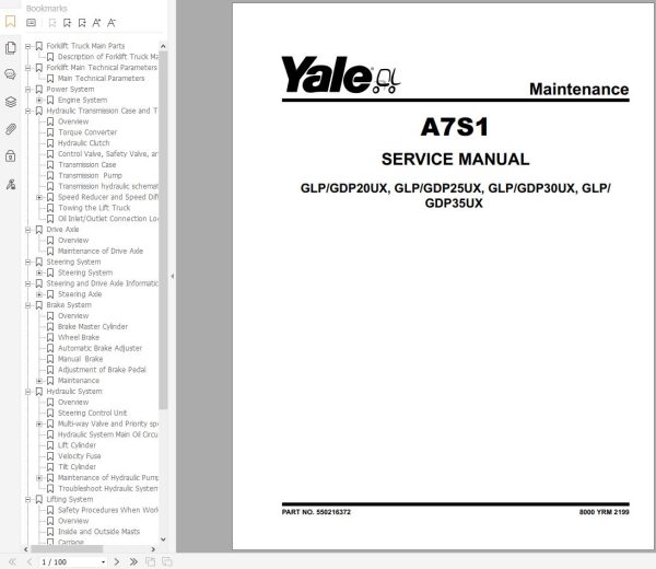 Yale Forklift A7S1 GP20UX to GP070UX Parts Service Manual 2025 1