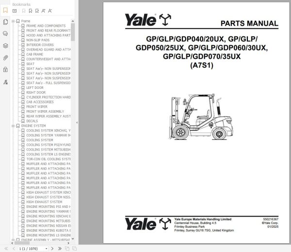 Yale Forklift A7S1 GP20UX to GP070UX Parts Service Manual 2025 3