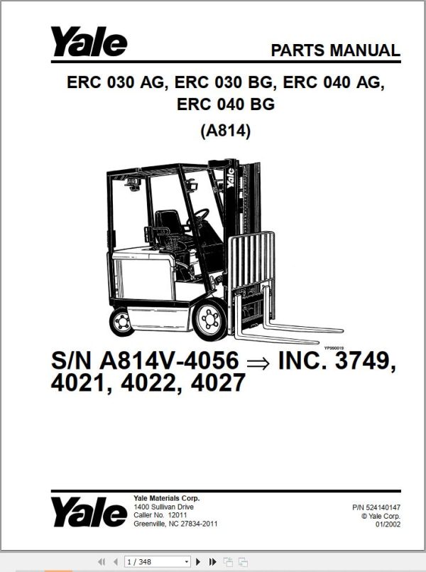 Yale Forklift A814 ERC030AG to ERC040BG Parts Catalog 524140147 2002 1