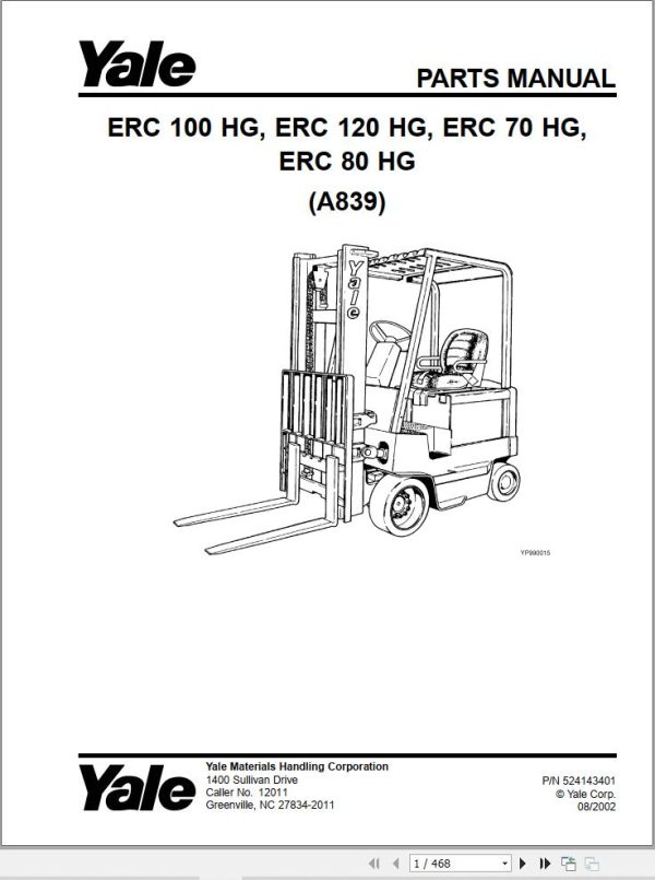 Yale Forklift A839 ERC70HG ERC80HG ERC100HG ERC120HG Parts Catalog 524143401 2002 1