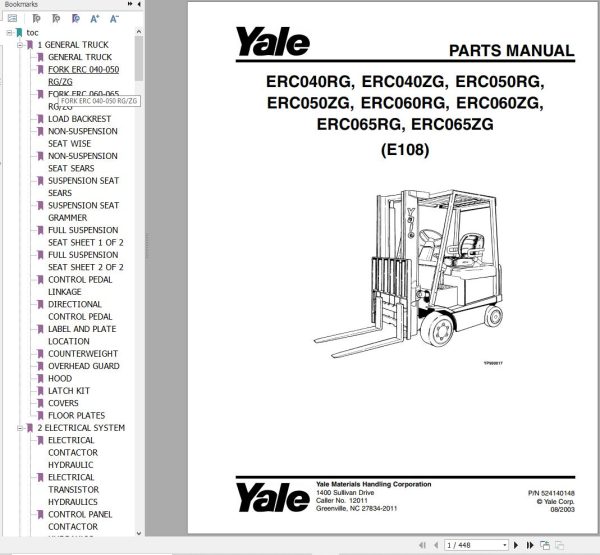 Yale Forklift E108 ERC40RG to ERC065ZG Parts Catalog 524140148 2003 1