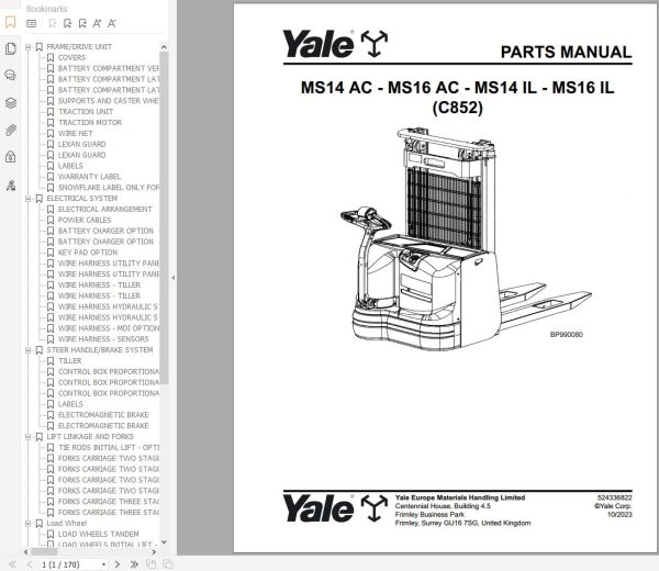 Yale Pallet Truck C852 MS14 AC MS16 AC MS14 IL MS16 IL Parts Manual 524336822 2023 1
