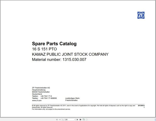 ZF Cardan Shaft 16 S 151 PTO Spare Parts Catalog EN 1