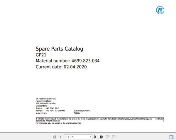 ZF Transmission GP21 Spare Parts Catalog 2020 4699823034 EN 1