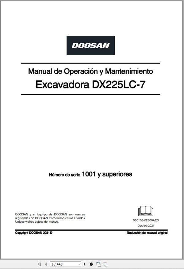 Doosan Excavator DX225LC 7 Operation Maintenance Manual 950106 02500AES ES (1)