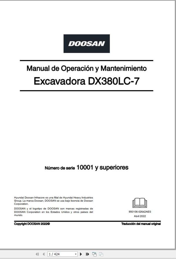 Doosan Excavator DX380LC 7 Operation Maintenance Manual 950106 02642AES ES (1)