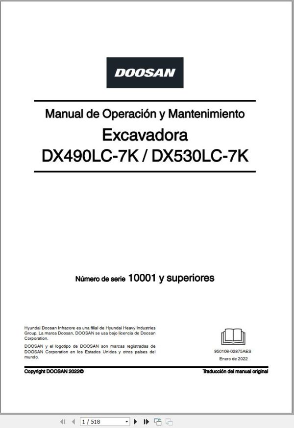 Doosan Excavator DX490LC 7K DX530LC 7K Operation Maintenance Manual 950106 02875AES ES (1)