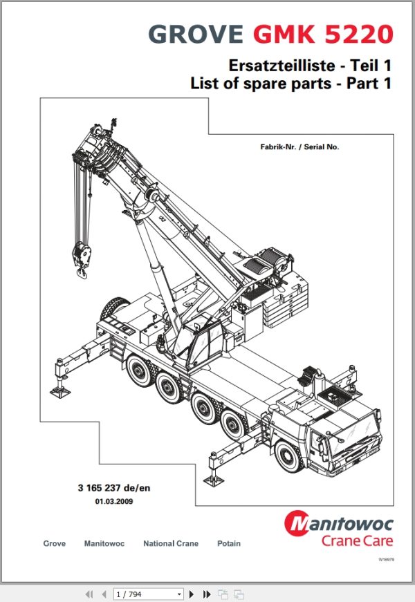 Grove Crane GMK 5220 Spare Parts List 3165237 2009 (1)