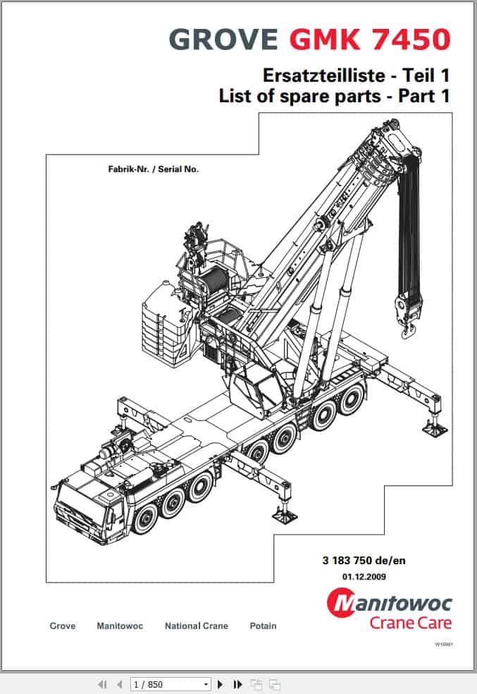 Grove Crane GMK 7450 Spare Parts List 3183750 2009 (1)