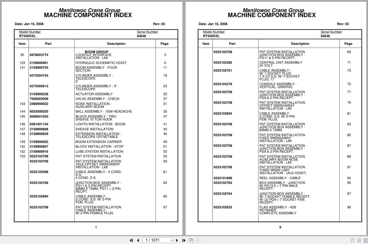 Grove Crane RT530DXL 83646 Parts Manual 2008 (1)