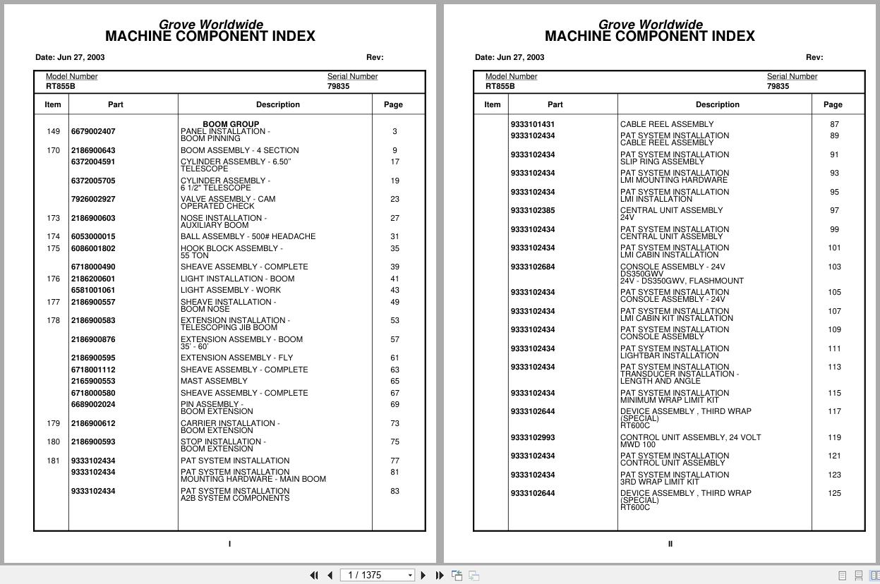 Grove Crane RT855B 79835 Parts Manual 2003 (1)