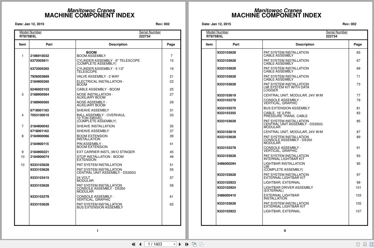 Grove Crane RT875BXL 222734 Parts Manual 2015 (1)
