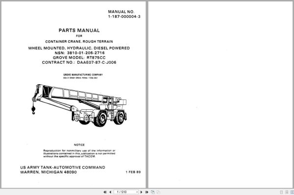 Grove Crane RT875CC Parts Manual 11870000043 (1)