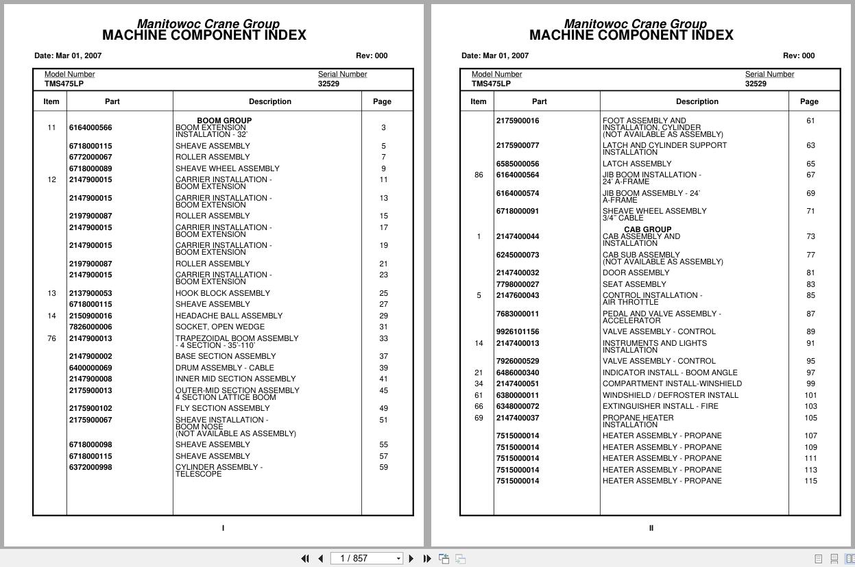 Grove Crane TMS475LP 32529 Parts Manual (1)
