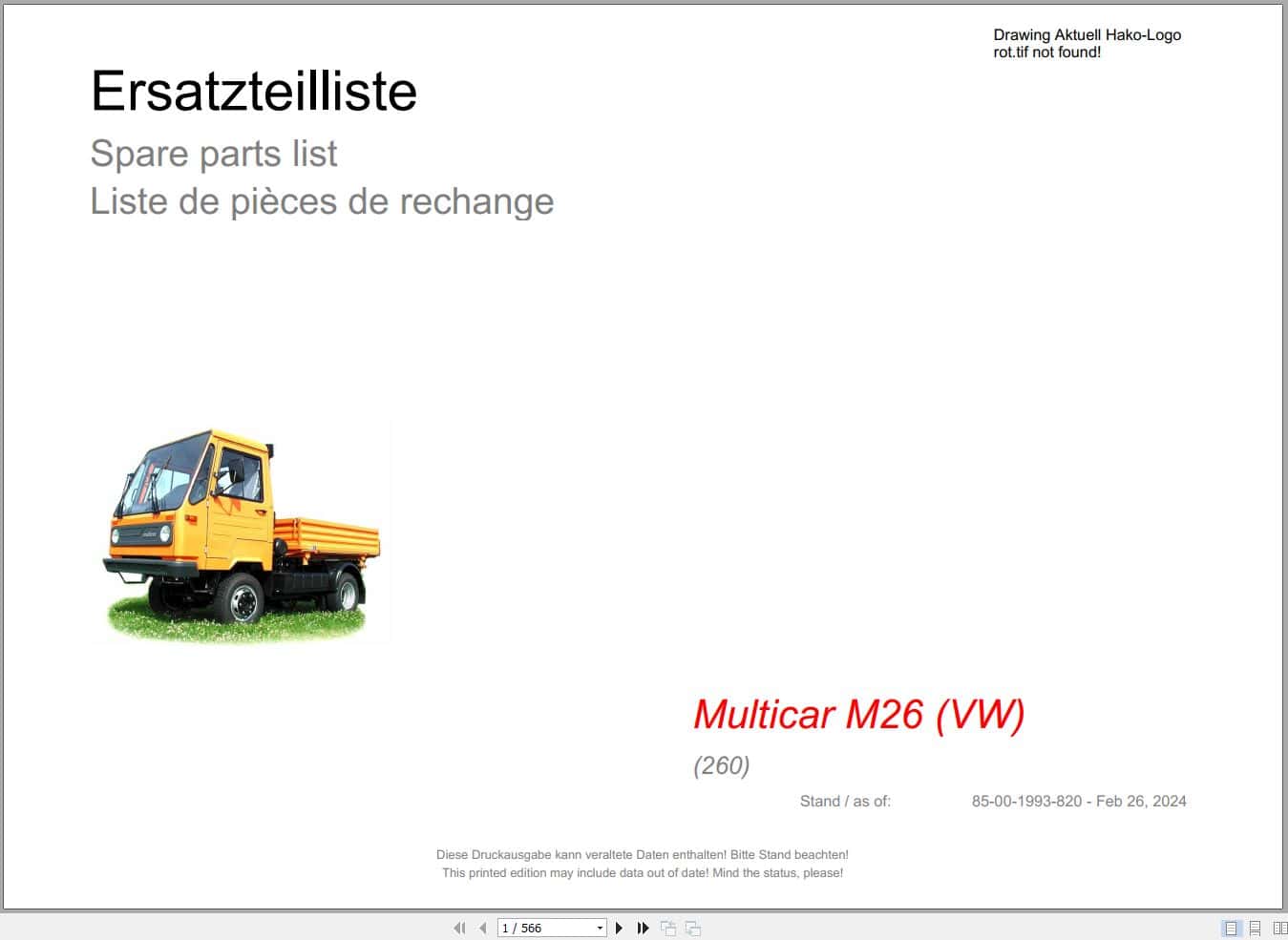 Hako Multicar M26 VW (260) Spare Parts Catalog (1)