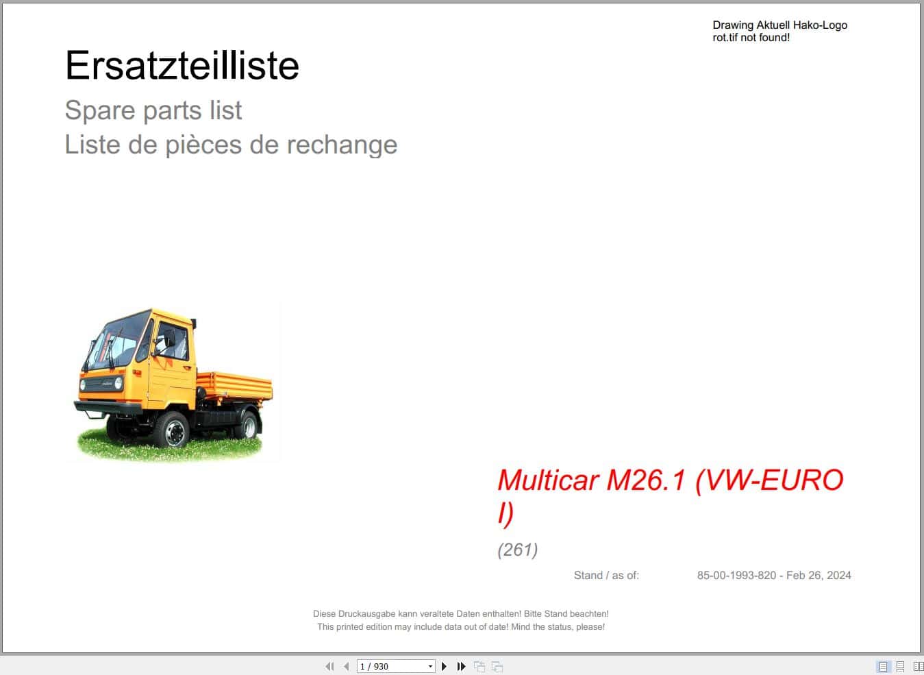 Hako Multicar M26.1 VW EURO I (261) Spare Parts Catalog (1)