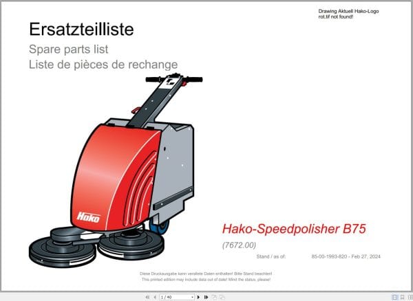 Hako Polisher Hako Speedpolisher B75 (7672.00) Spare Parts Catalog (1)