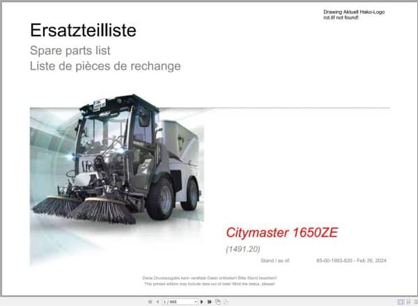 Hako Road Sweeper Citymaster 1650ZE (1491.20) Spare Parts Catalog (1)