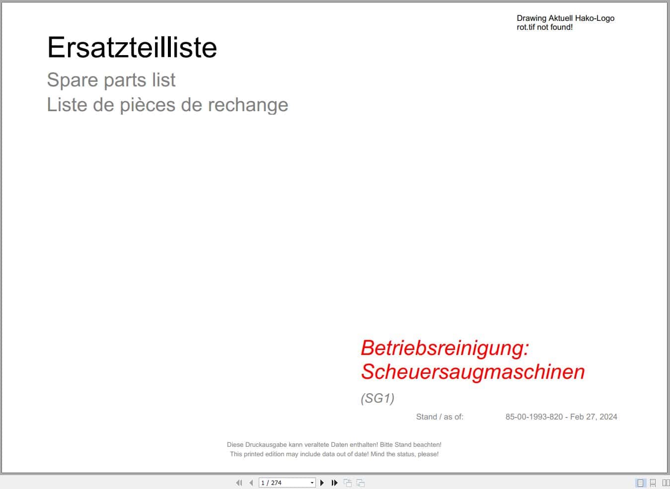 Hako Scrubber Driers Industrial cleaning scrubber driers (SG1) Spare Parts Catalog (1)