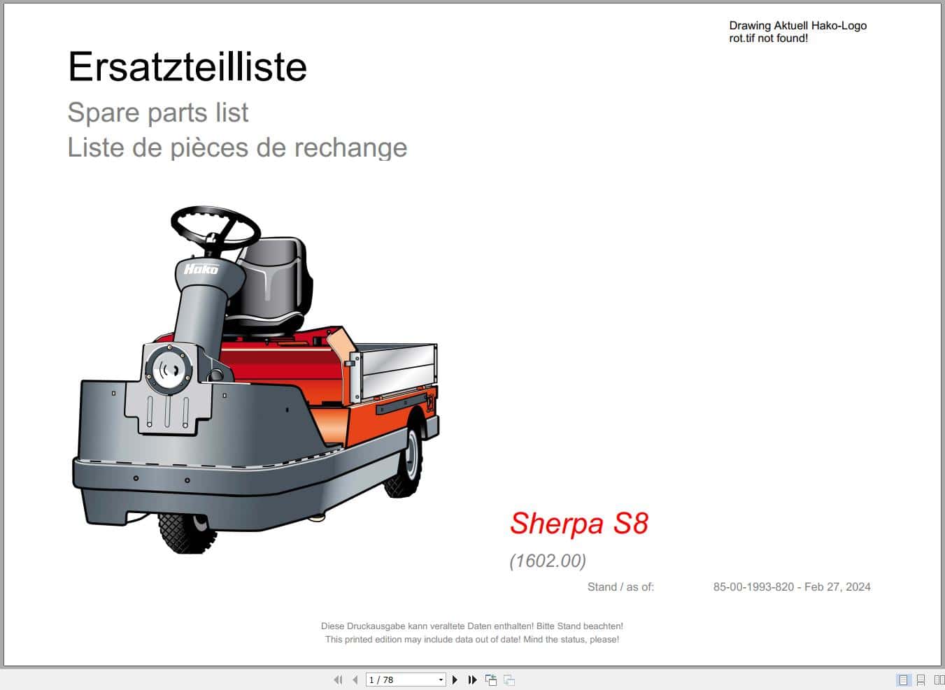 Hako Tow Tractor Sherpa S8 and SX60 Spare Parts Catalog (1)