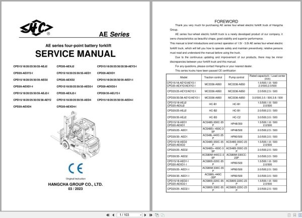 Hangcha Forklift CPD15 AEJ2 to CPD35 AED4 I Service Manual 2023 EN (1)