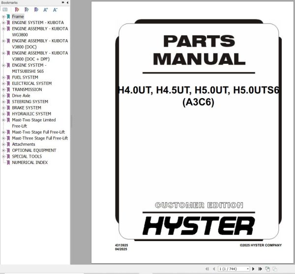 Hyster Forklift H4.0UT H4.5UT H5.0UT H5.0UTS6 A3C6 Parts Catalog 4313925 2025 (1)