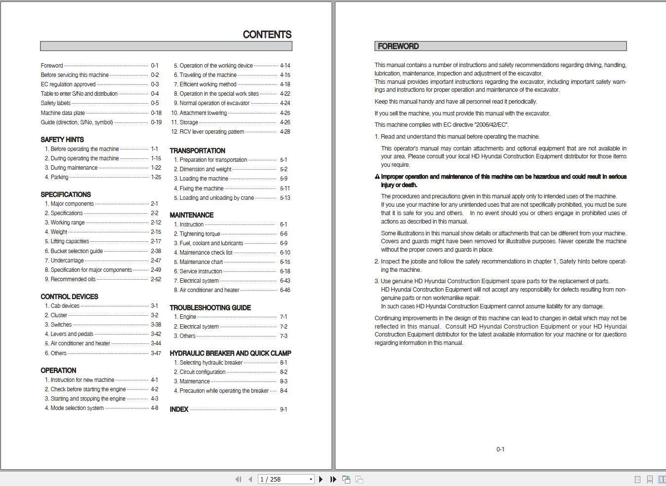 Hyundai Excavator HX210S+ HX220S+ Operation and Maintenance Manual