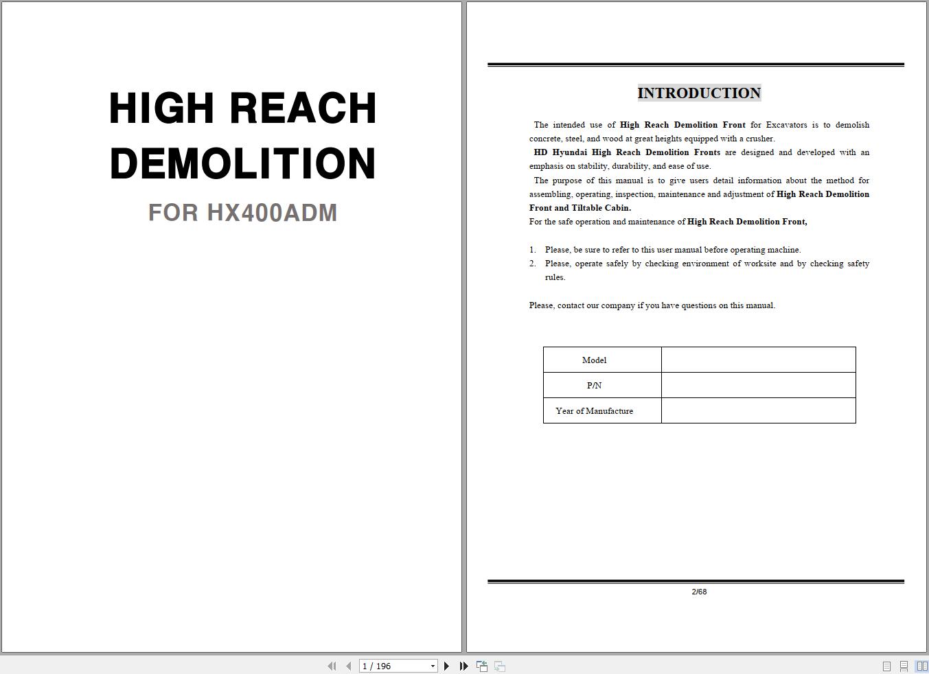 Hyundai High Reach Demolition HX400ADM Parts and Operation Manual