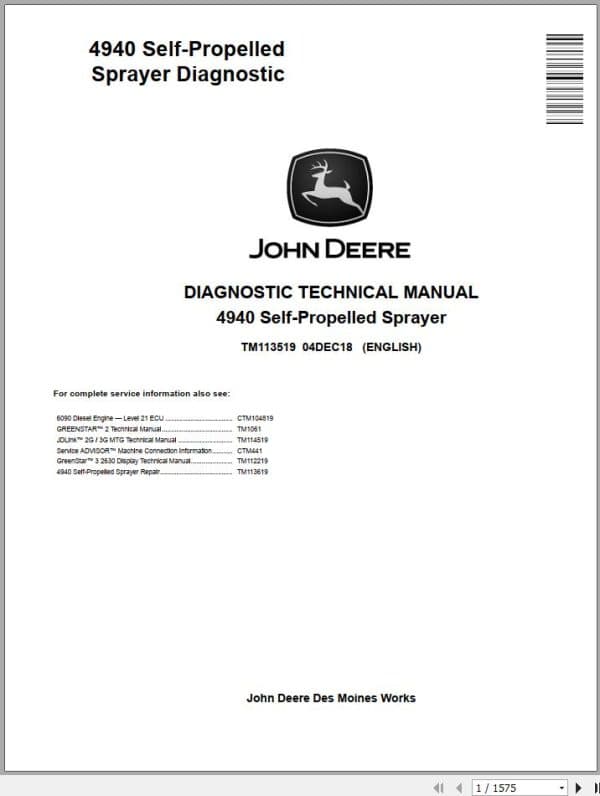 John Deere 4940 Self Propelled Sprayers Diagnostic and Tests Service Manual TM113519 (1)