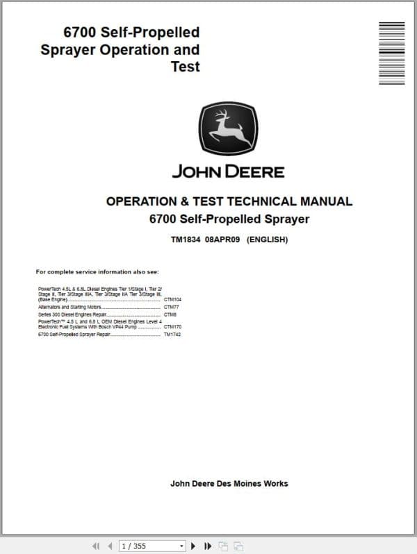 John Deere 6700 Self Propelled Sprayers Diagnostic and Tests Service Manual TM1834 (1)