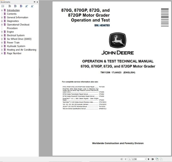 John Deere Motor Grader 870G 870GP 872G 872GP Operation Test Technical Manual TM11208 (1)