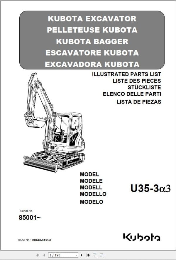Kubota Excavator U35 3a3 Parts Catalog RH648 8139 0