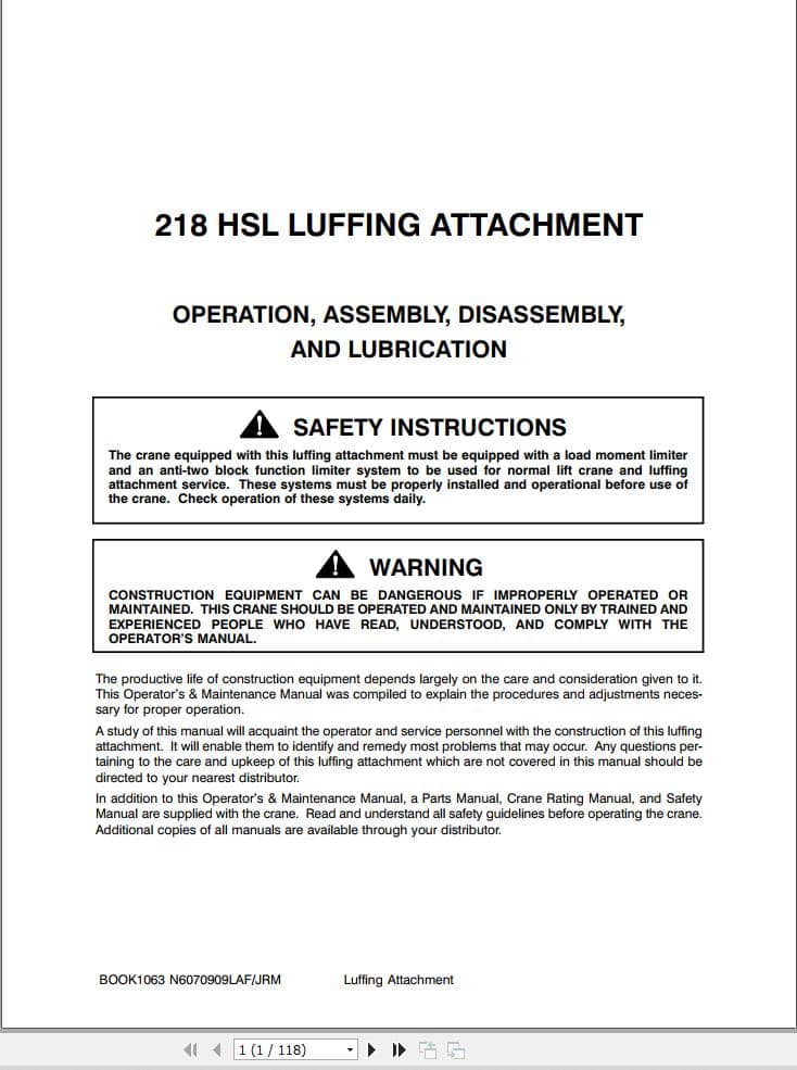 Link Belt Crane 218 HSL Luffering Attachment Operation Manual (1)
