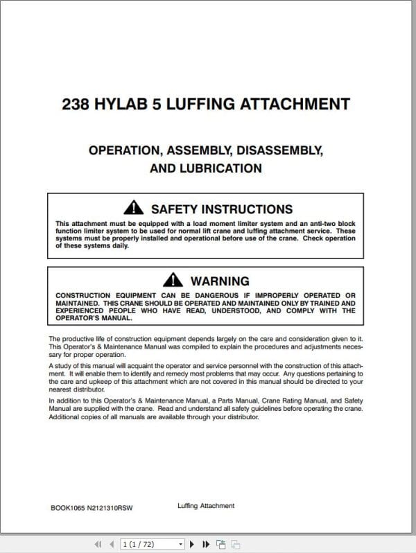 Link Belt Crane 238 HYLAB 5 Luffering Attachment Operation Manual (1)