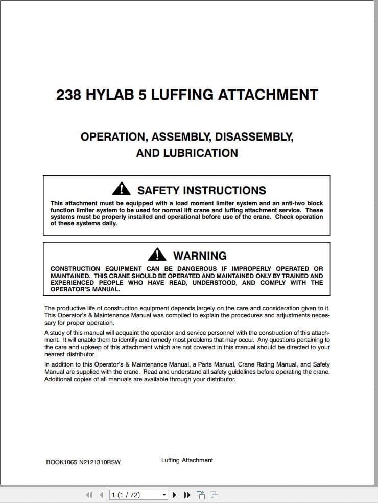 Link Belt Crane 238 HYLAB 5 Luffering Attachment Operation Manual (1)