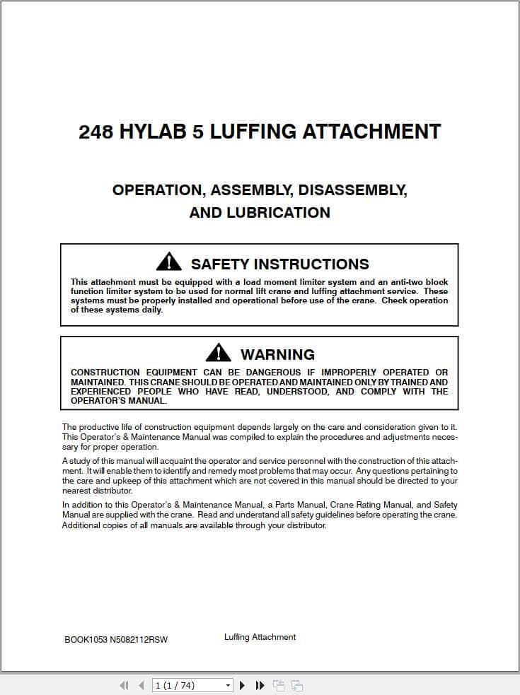 Link Belt Crane 248 HYLAB 5 Luffering Attachment Operation Manual (1)