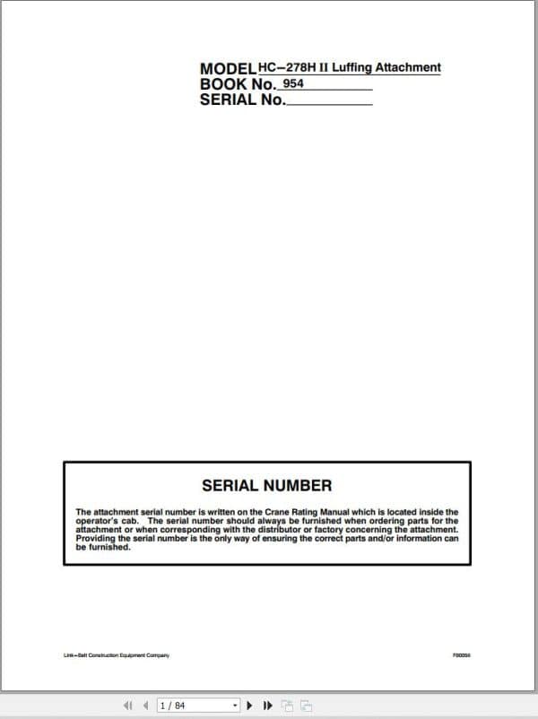 Link Belt Crane HC 278H II Luffing Attachment Operation Manual 954 (1)