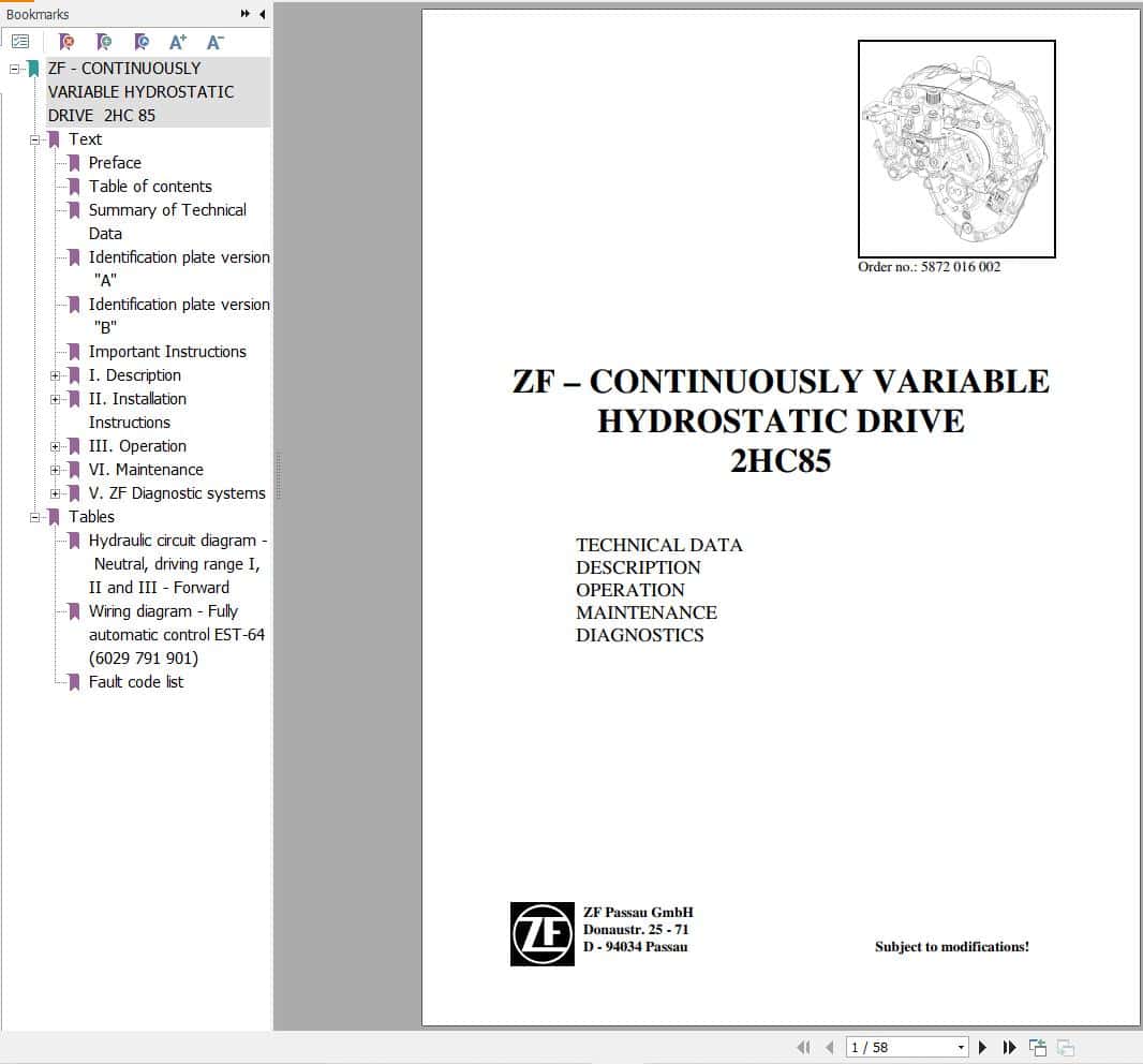 ZF Continuously Variable Hydrostatic Drive 2HC85 Maintenance and Repair Manual (1)