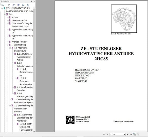 ZF Stepless Hydrostatic Drive 2HC85 Maintenance and Repair Manual DE (1)