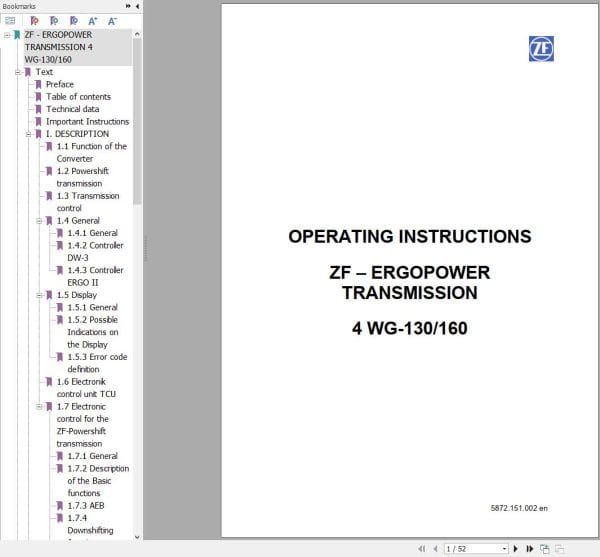 ZF Transmission 4 WG 130 4 WG 160 Operating Instructions 5872.151.002 en (1)